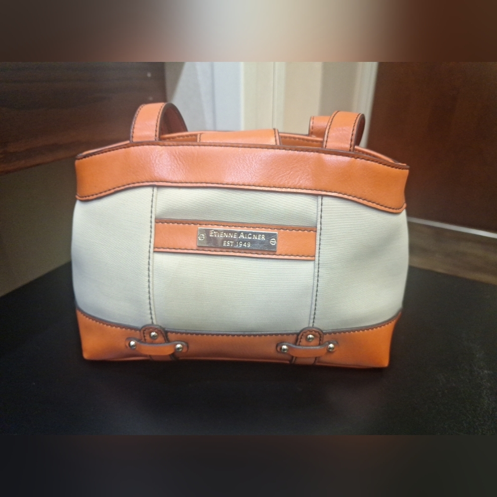 Etienne Aigner Shoulder Handbag Cream Fabric Orang Faux Leather Tote Plate Logo